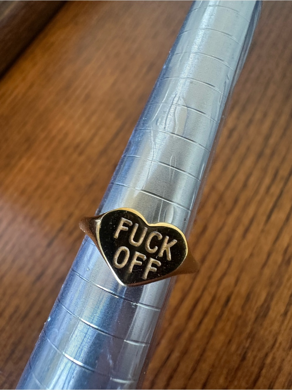 Gold Tone Heart Statement Ring - 'F*** Off' Engraved
